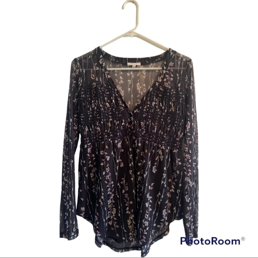 Maurices Lightweight Black Floral Blouse Womens Medium Fully Lined Sheer Sleeves